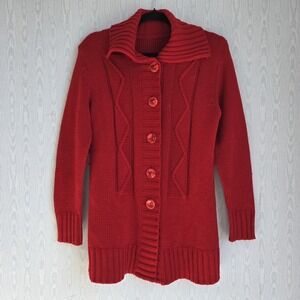 Vtg Y2K Womens M Cable Knit Cardigan Sweater Red Button Down Longline Chunky